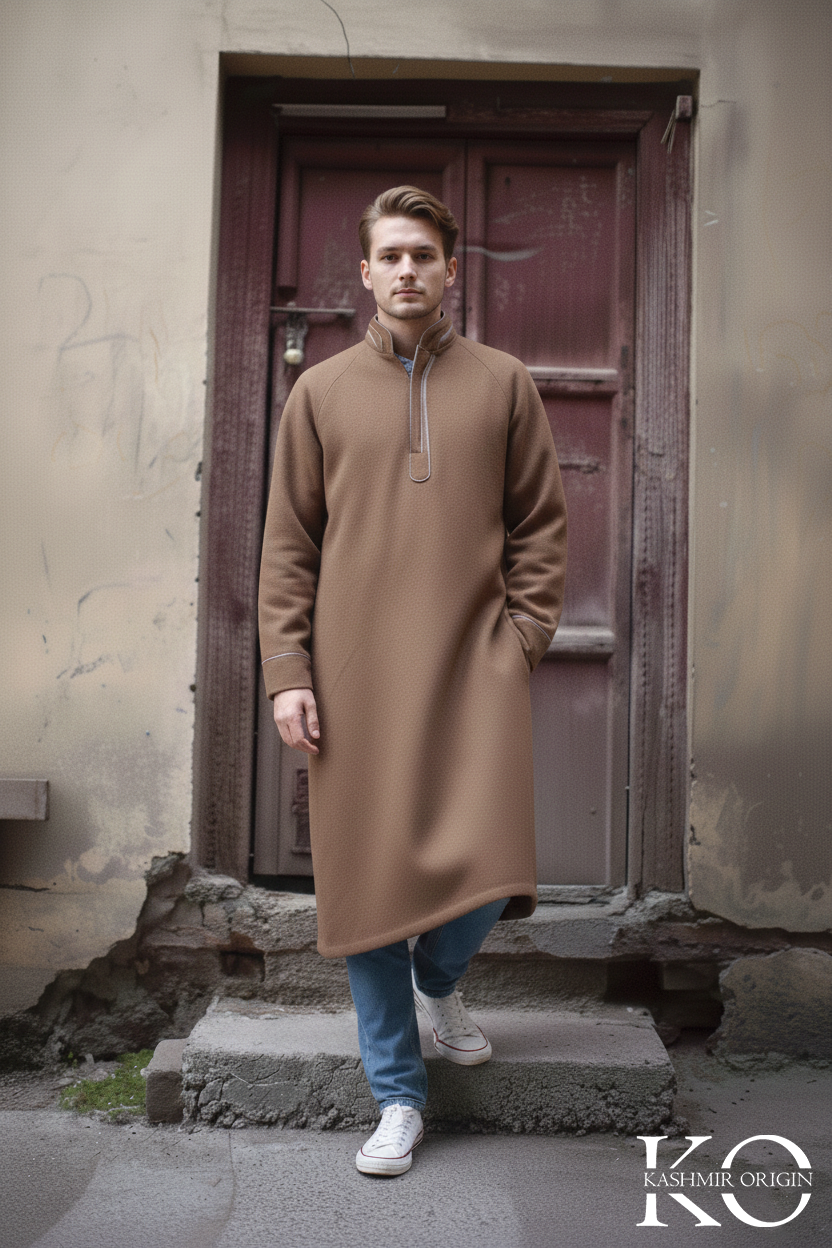 Brown Fleece Men's Mandarin Double layer Collar Pheran | Kashmiri Long Robe | Winter Phirans