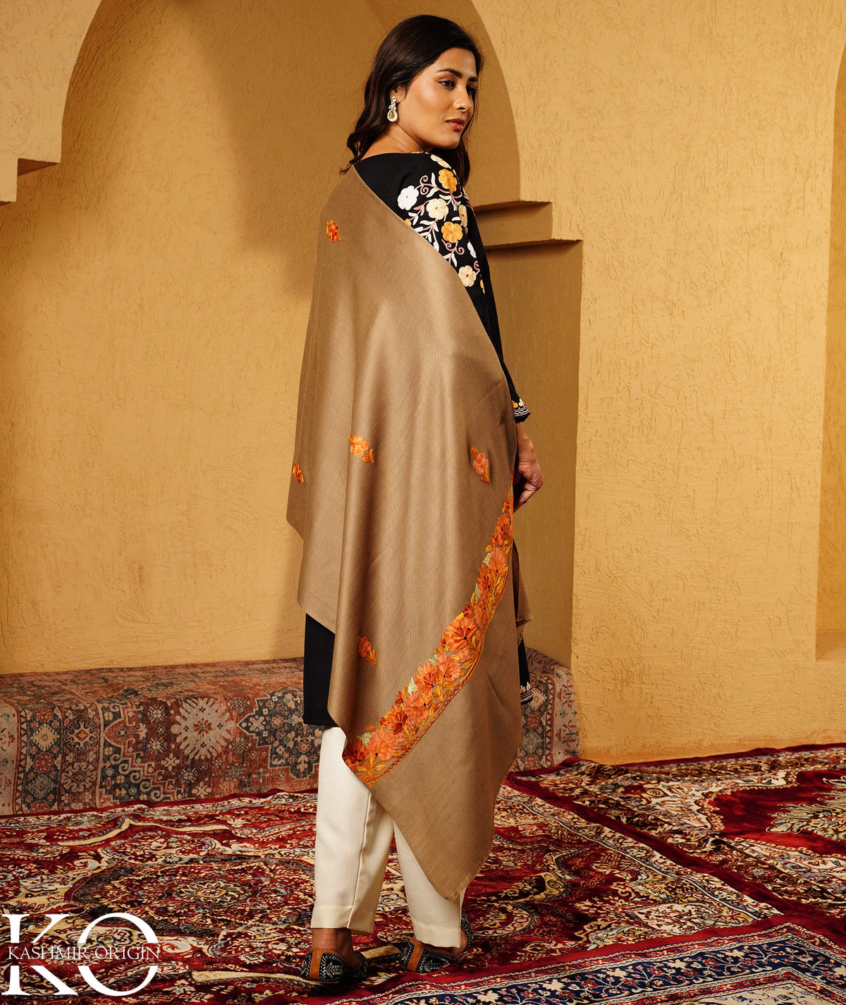 Fawn Aari Embroidered Woolen Shawl