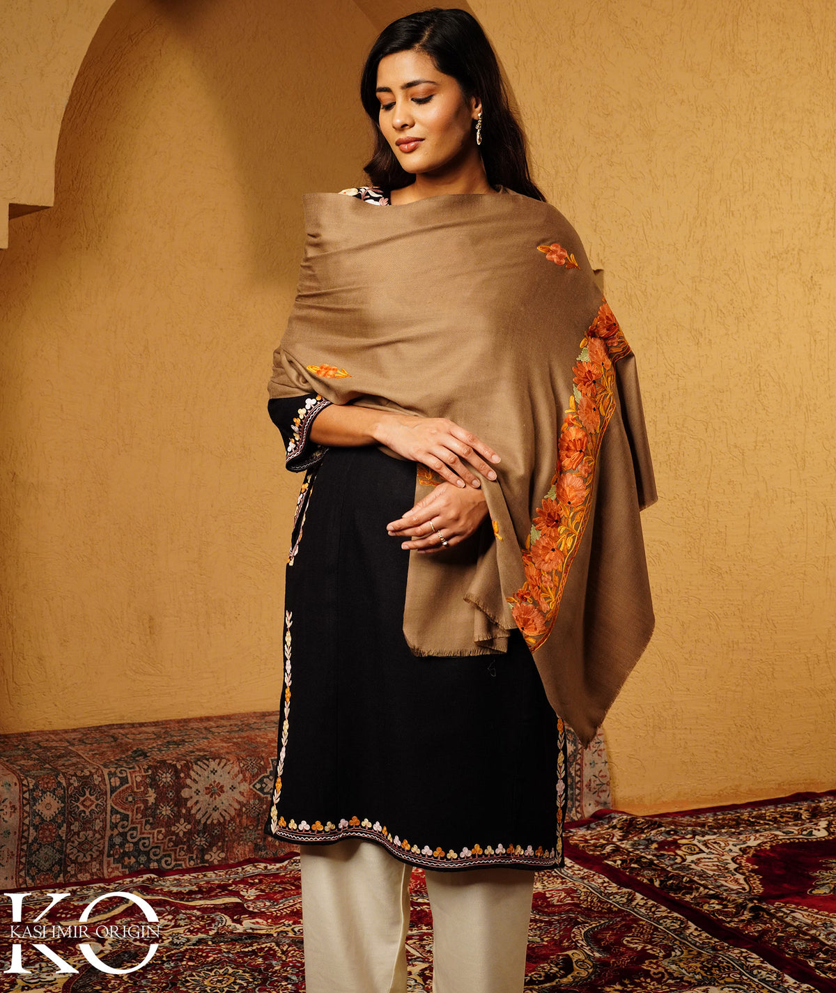 Fawn Aari Embroidered Woolen Shawl