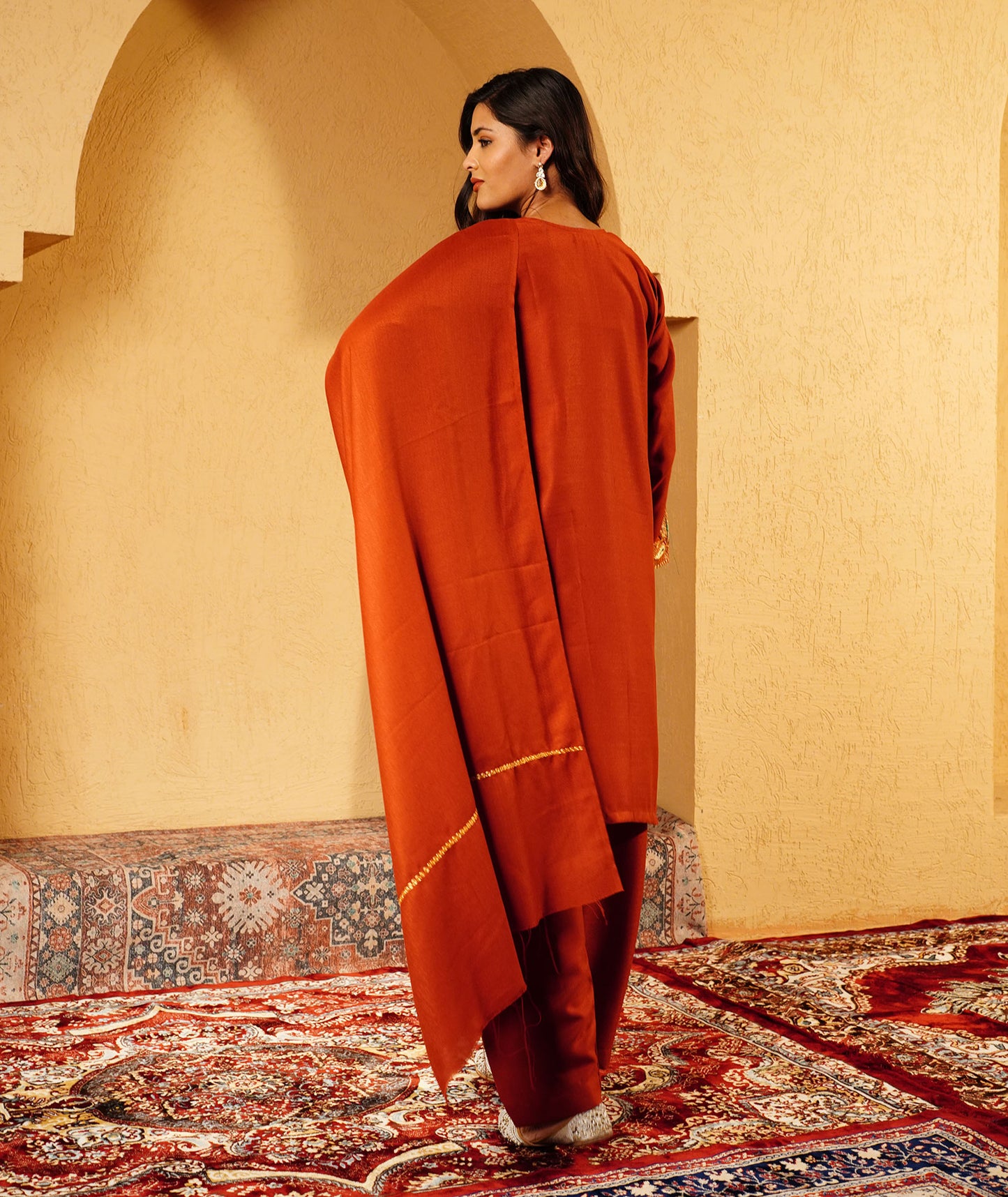 Rustic Copper Tilla Embroidered Woolen Suit With Shawl