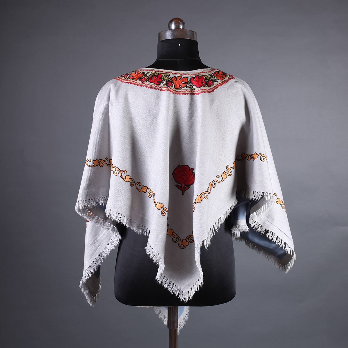 Grey Base Chinar Design Poncho with Kashmiri Aari Embroidery