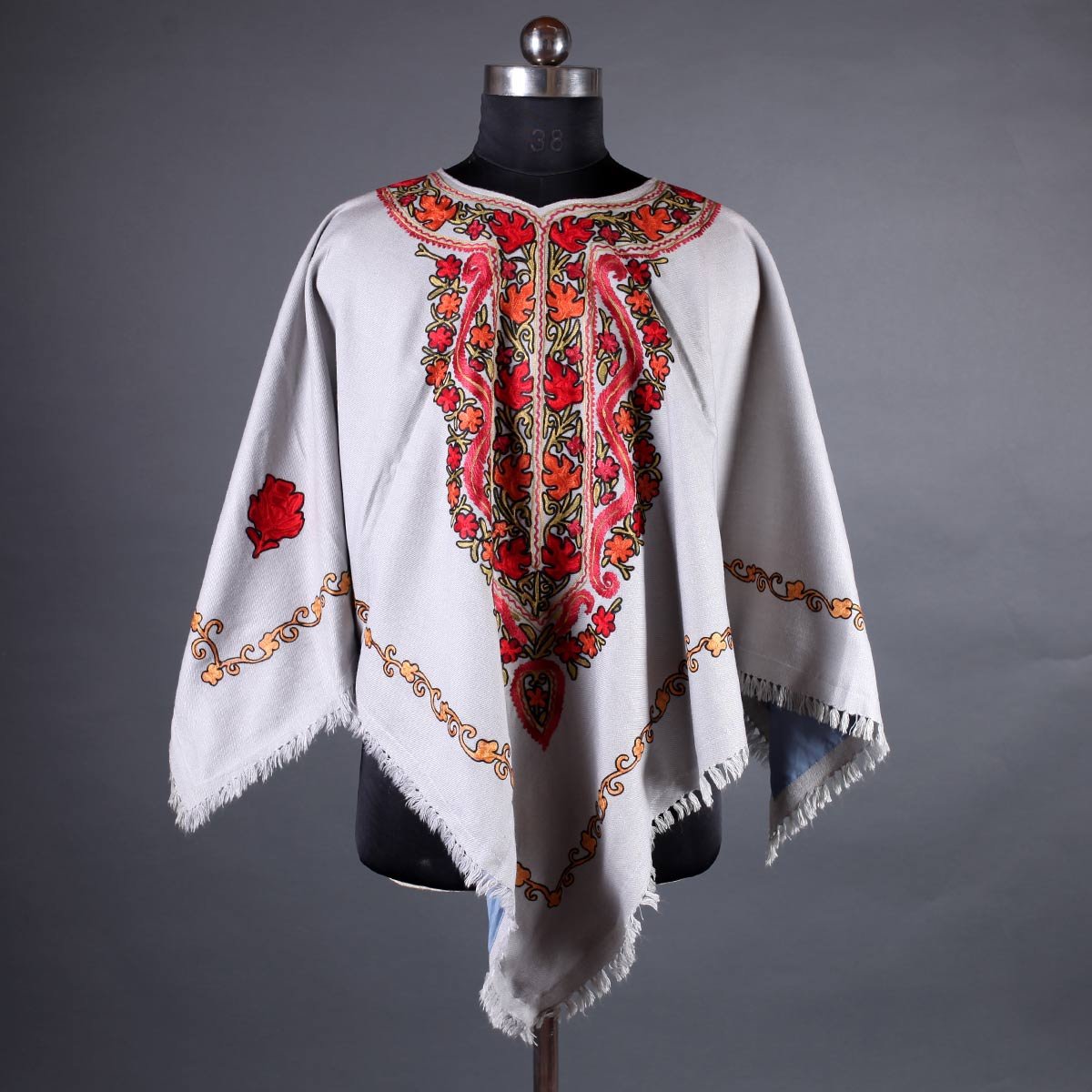 Grey Base Chinar Design Poncho with Kashmiri Aari Embroidery