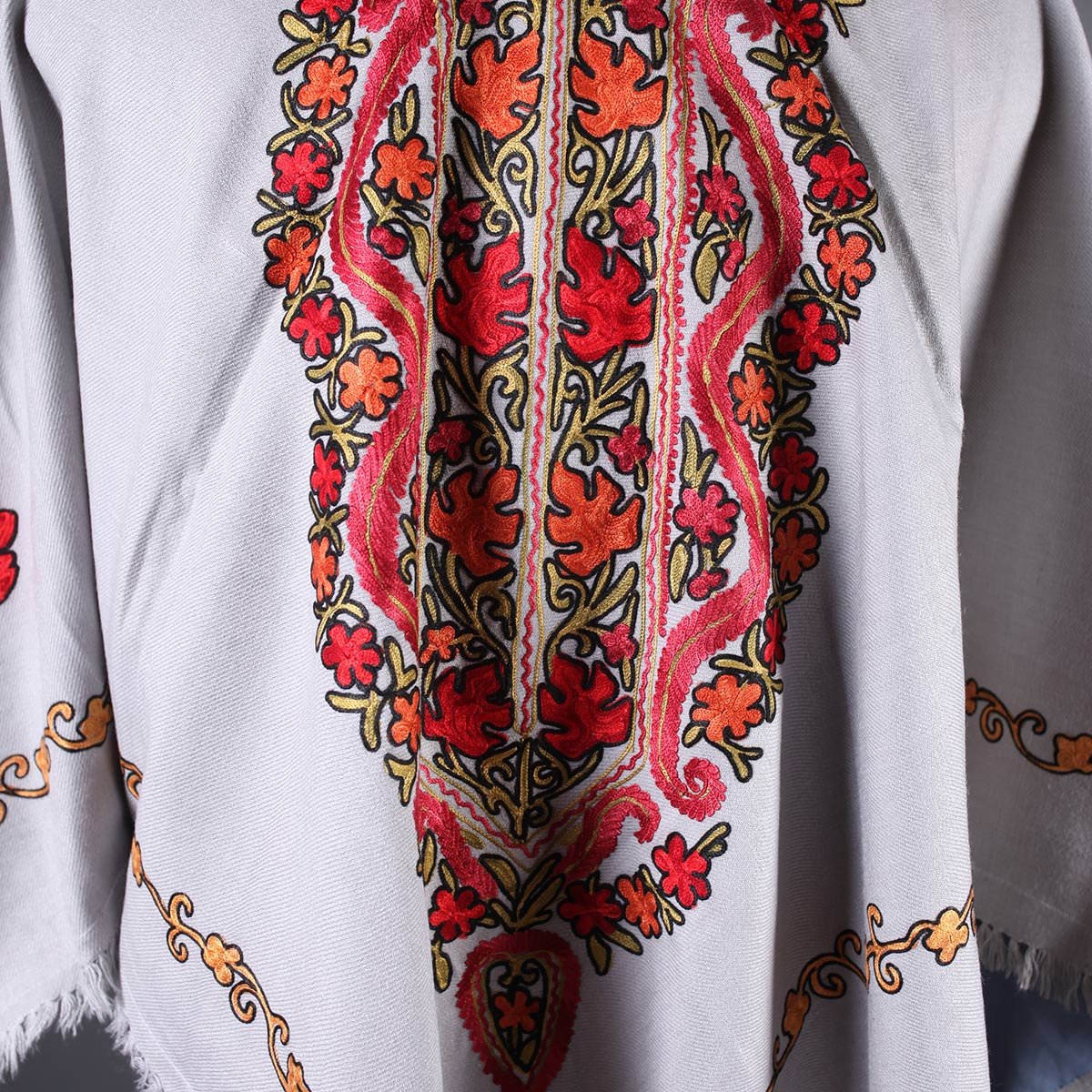 Grey Base Chinar Design Poncho with Kashmiri Aari Embroidery
