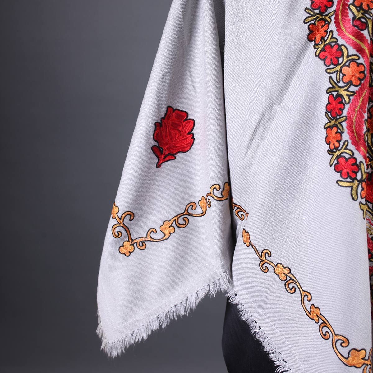 Grey Base Chinar Design Poncho with Kashmiri Aari Embroidery