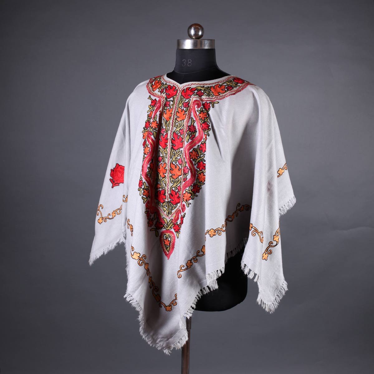 Grey Base Chinar Design Poncho with Kashmiri Aari Embroidery
