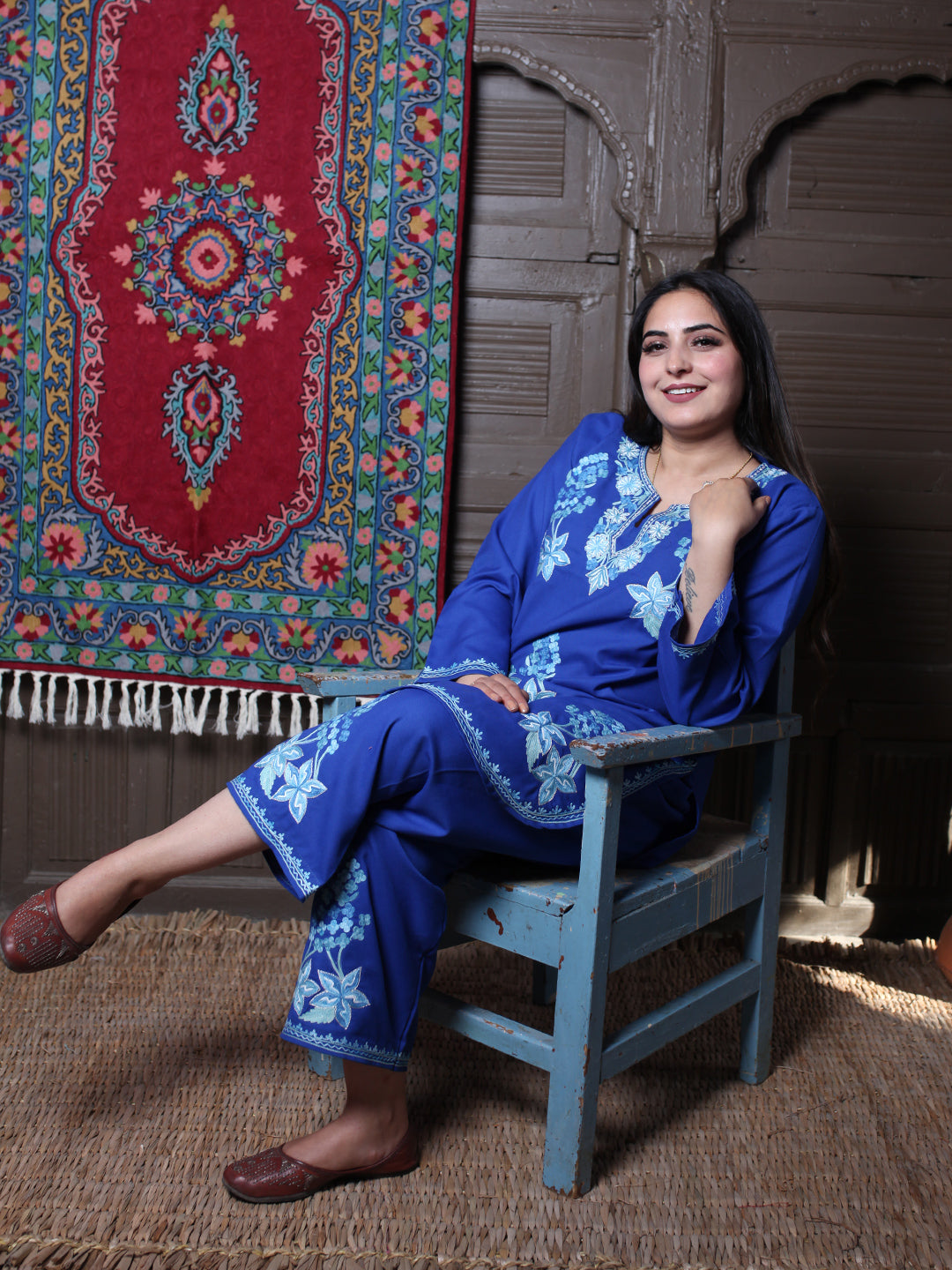 Blue Floral Aari & Zari Outline Embroidered Kashmiri Co-Ord Set