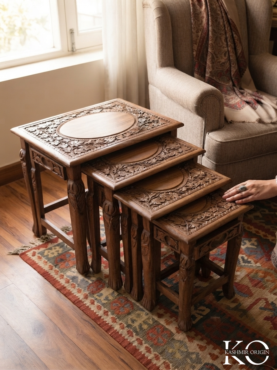 Nested Walnut Wood Hand Carved Table Set | 4 Piece Set | 18 x 12