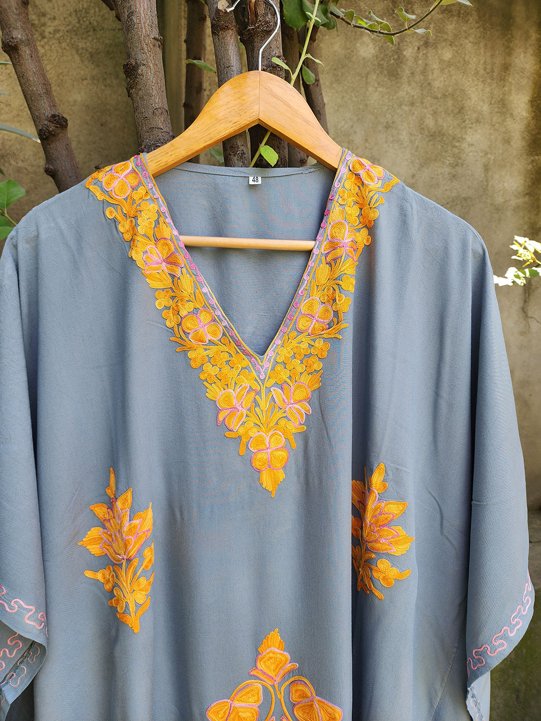 Grey & Mustard Aari Embroidered Rayon Cotton Kaftan