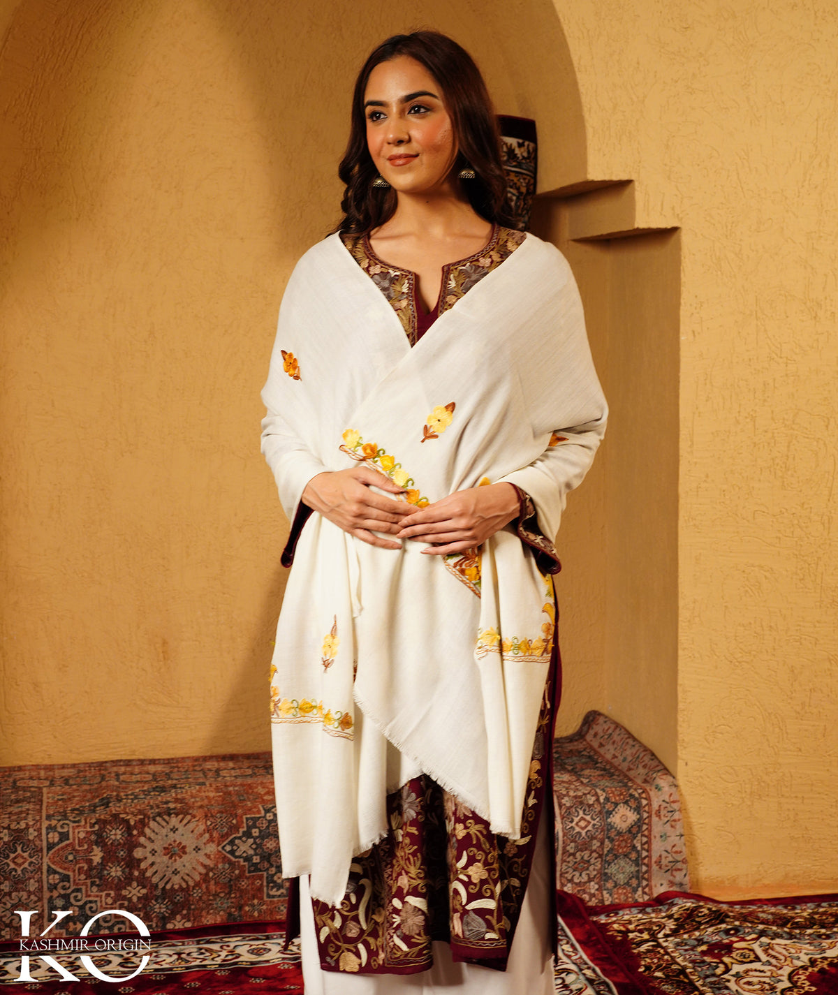 Ivory White Aari Embroidered Woolen Shawl