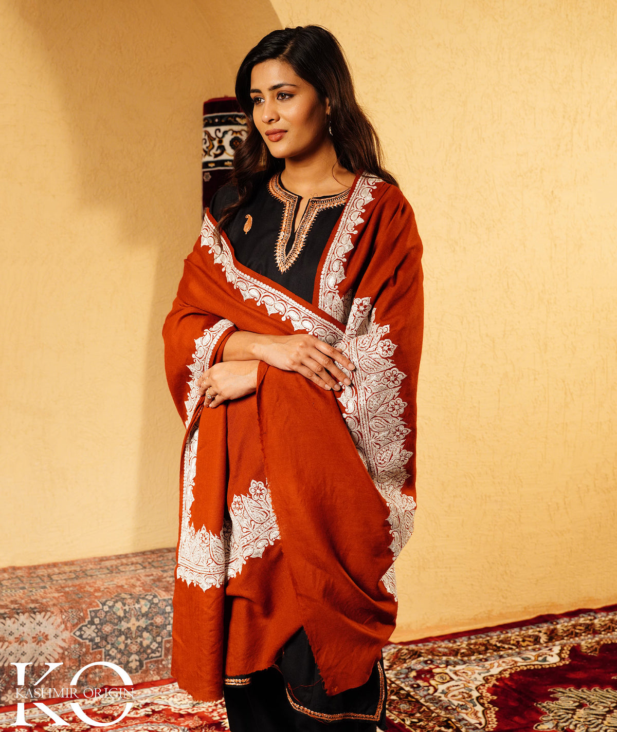 Rust Tilla Embroidered Woolen Kashmiri Shawl