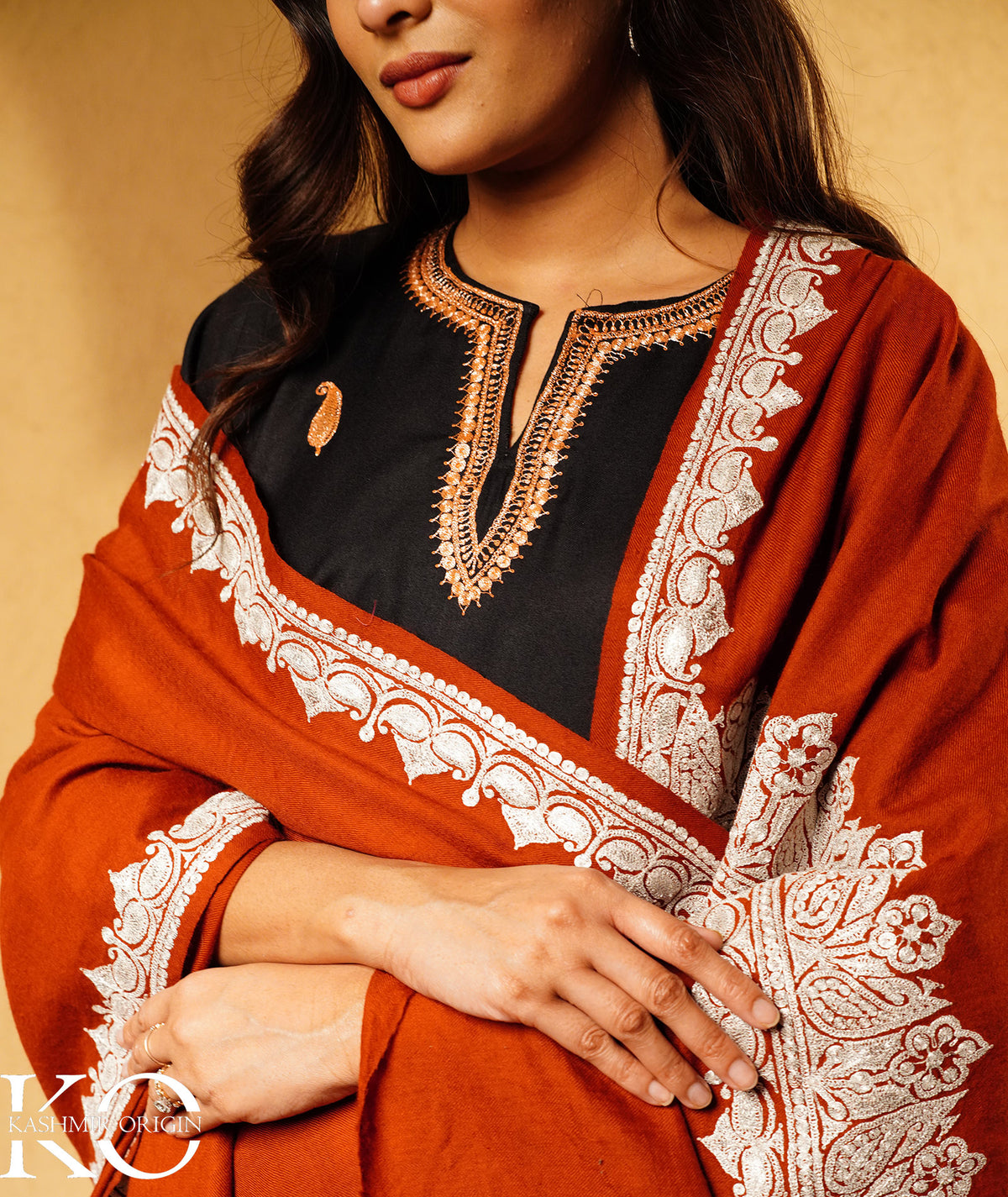 Rust Tilla Embroidered Woolen Kashmiri Shawl