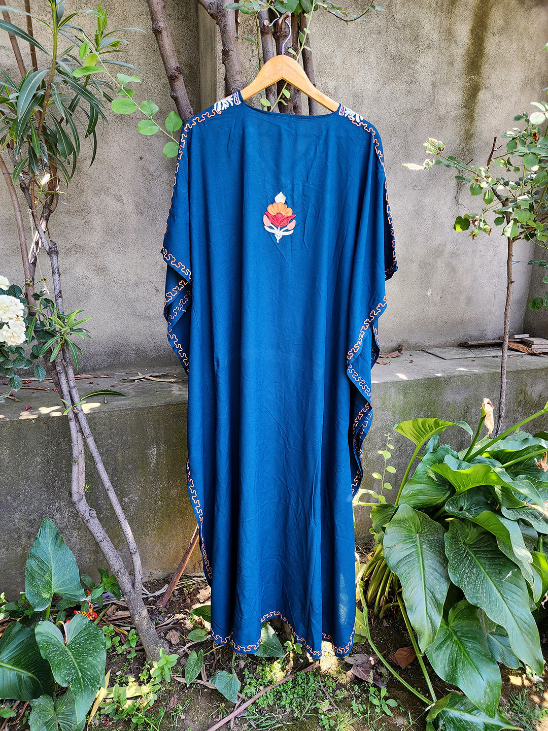 Teal Blue Aari Silk Crepe Kaftan with Polka Motifs