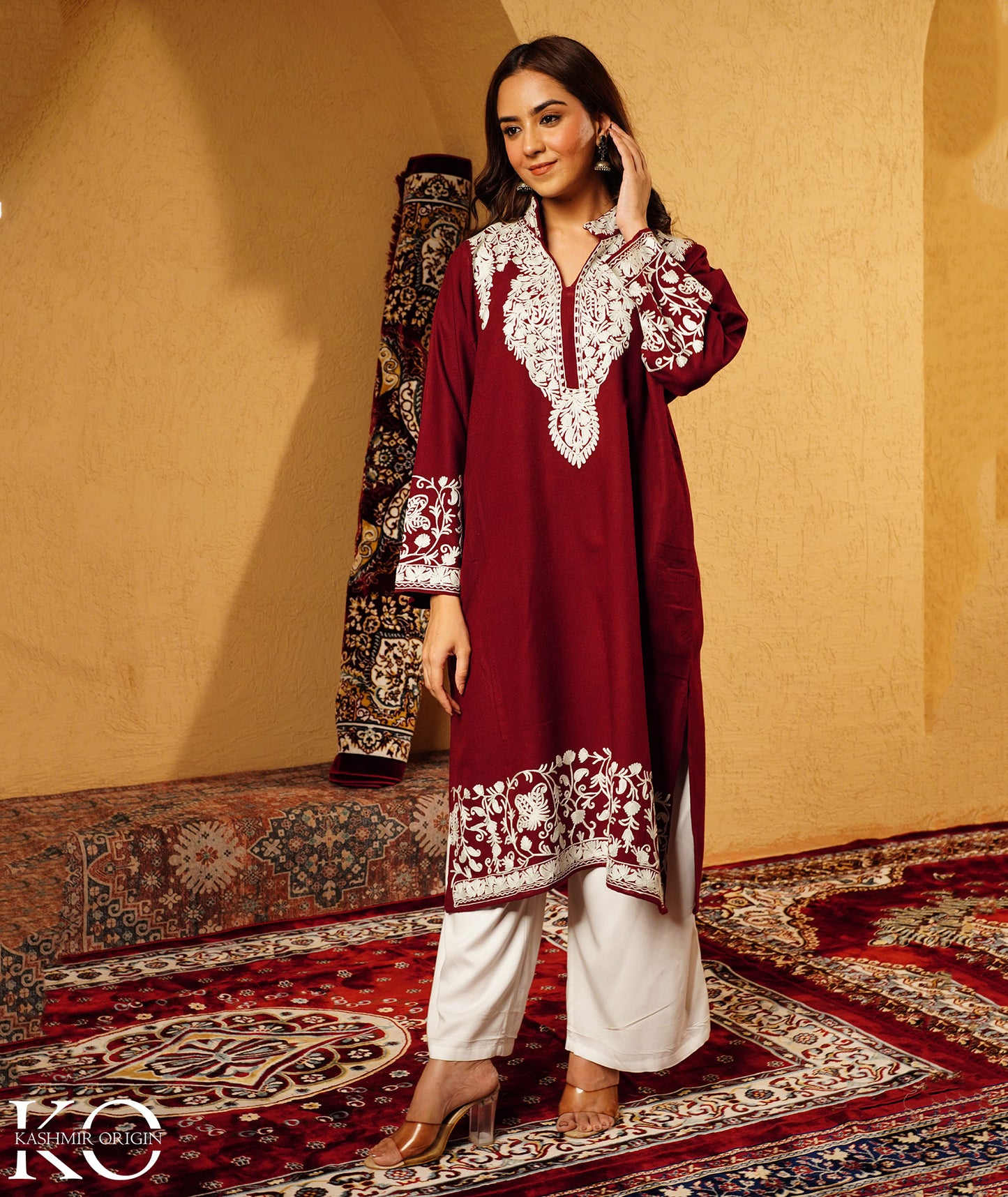 Maroon Aari Embroidered Mandarin collared neck Design Woolen Kashmiri Pheran