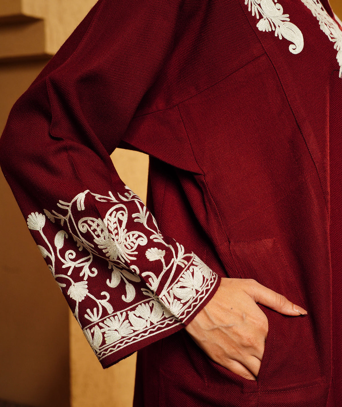 Maroon Aari Embroidered Mandarin collared neck Design Woolen Kashmiri Pheran