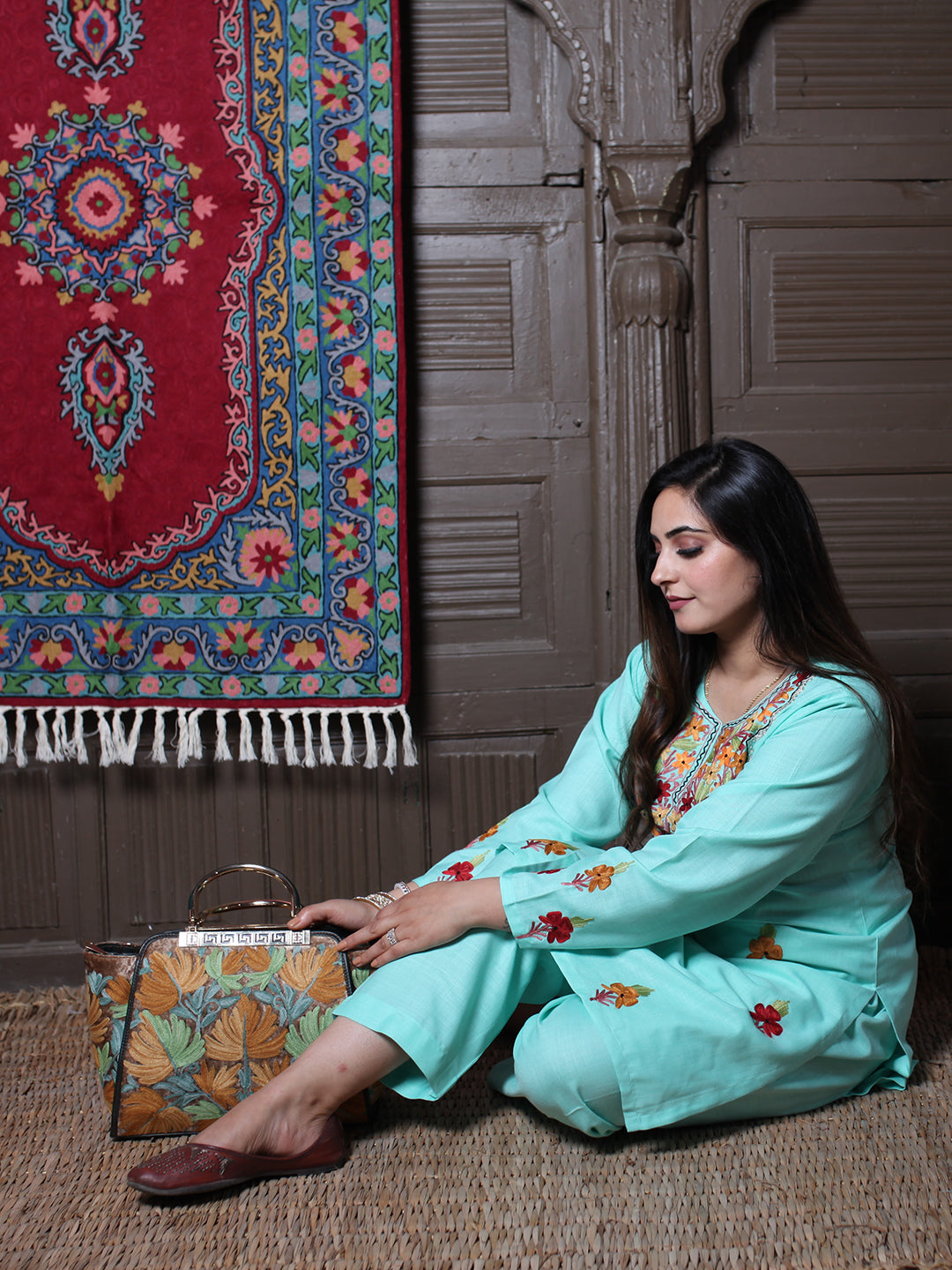Mint Aari & Silver Zari Outline Embroidered Kashmiri Co-Ord Set