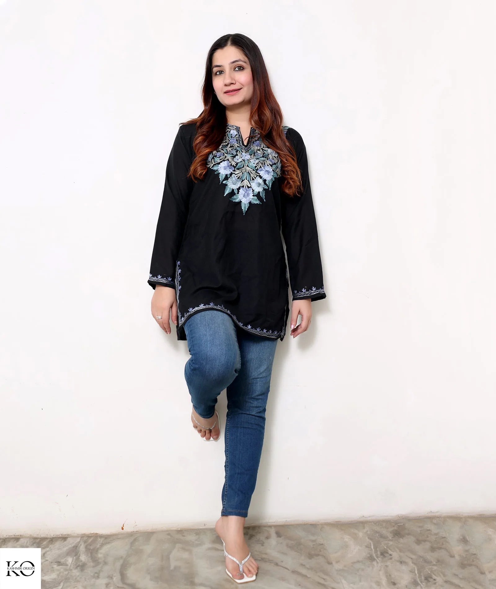 Black Cotton Short Kurti With Blue Embroidery – Kashmir origin