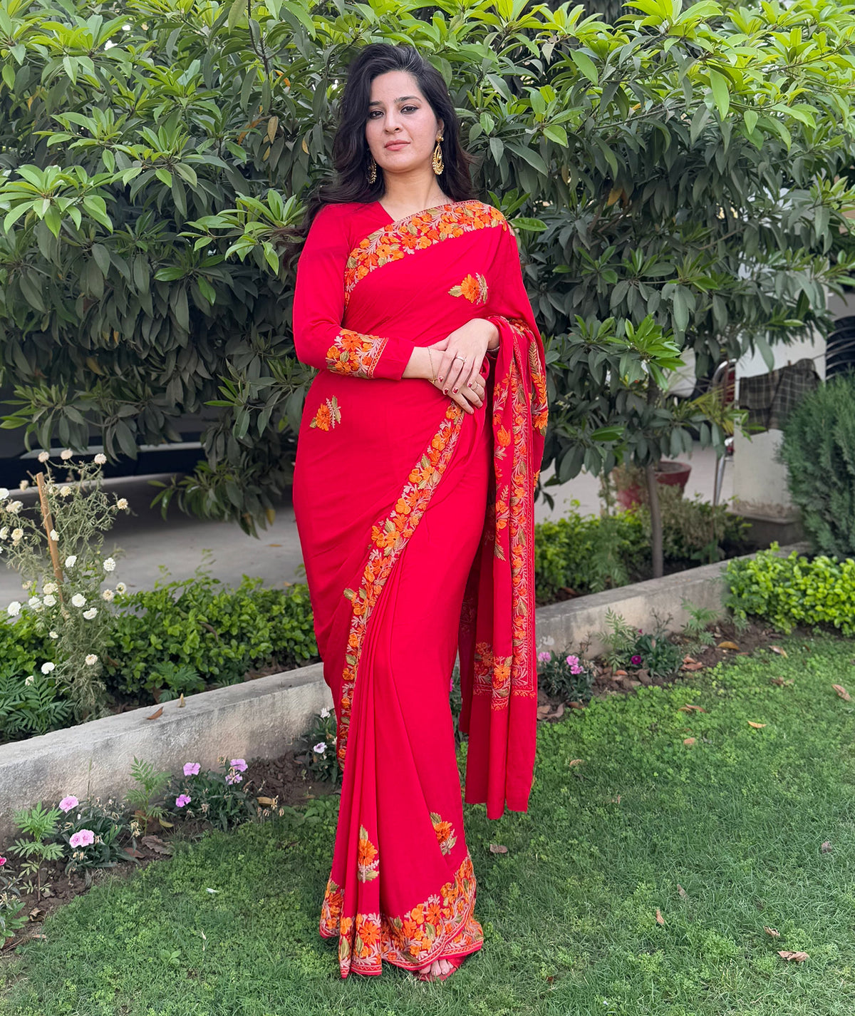 Red Top Seller Multifloral Aari Embroidered Kashmiri Pure Crepe Saree