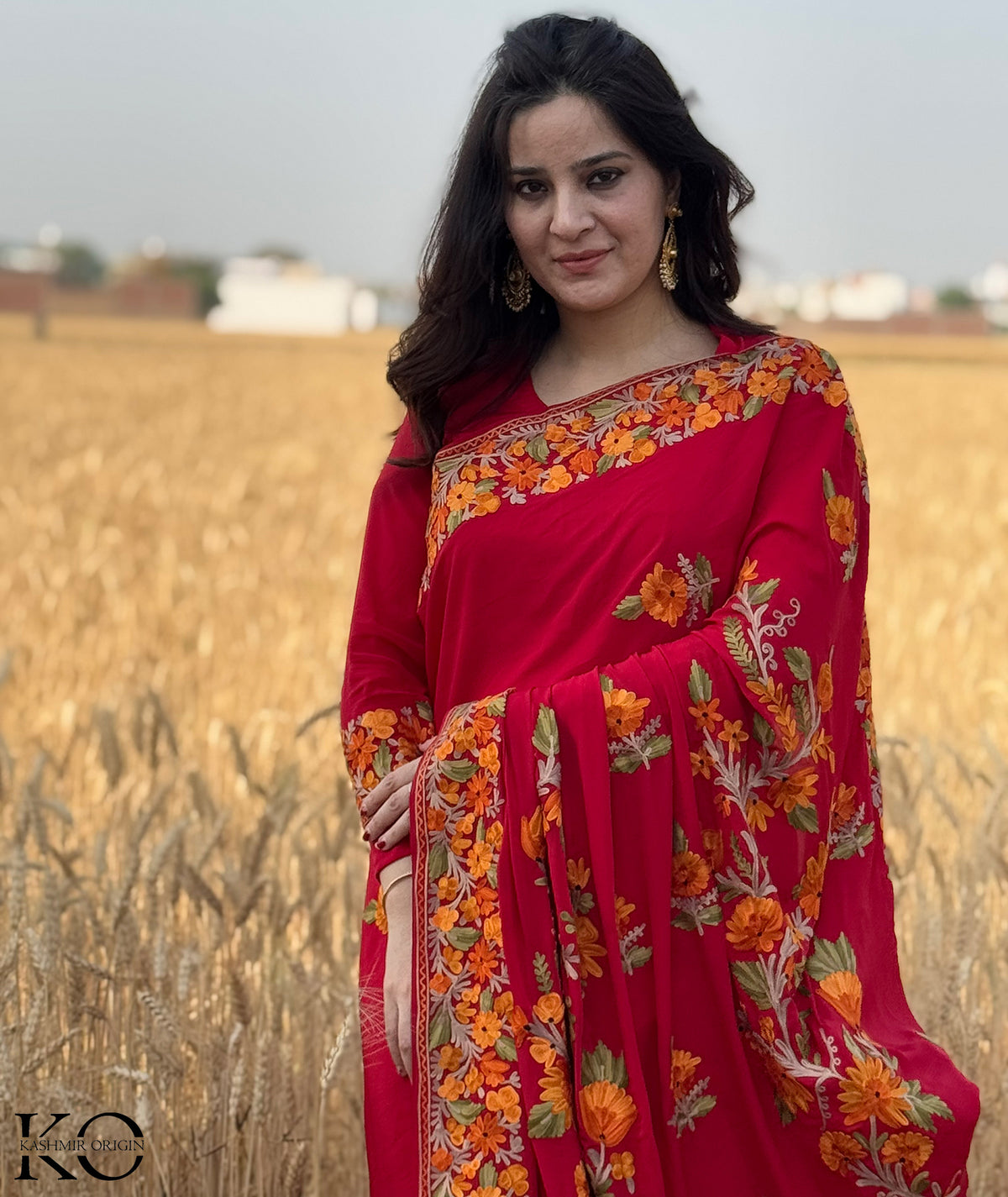 Red Top Seller Multifloral Aari Embroidered Kashmiri Pure Crepe Saree