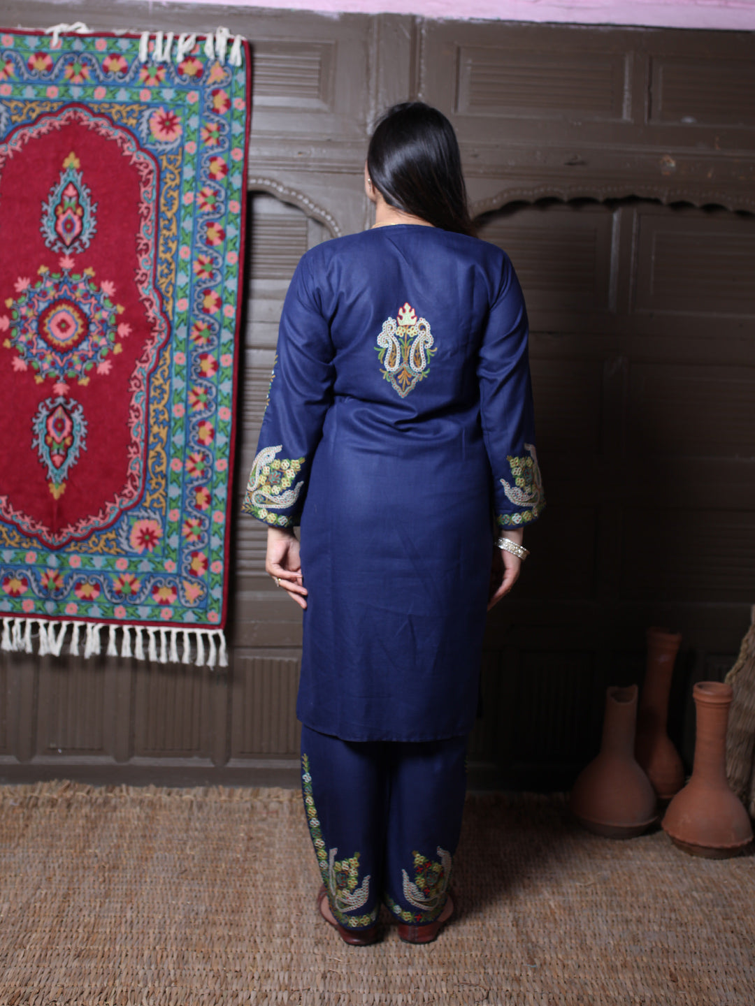 Navy Blue Aari & Zari All-Over Embroidered Kashmiri Cotton Co-Ord Set