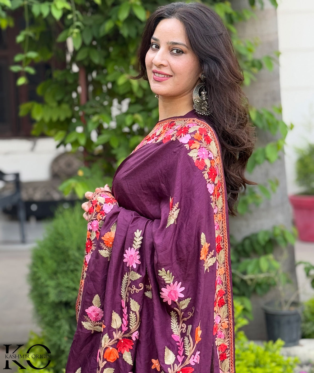 WineTop Seller Multifloral Aari Embroidered Kashmiri Pure Silk Saree