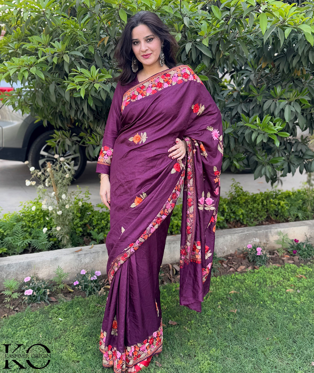 WineTop Seller Multifloral Aari Embroidered Kashmiri Pure Silk Saree