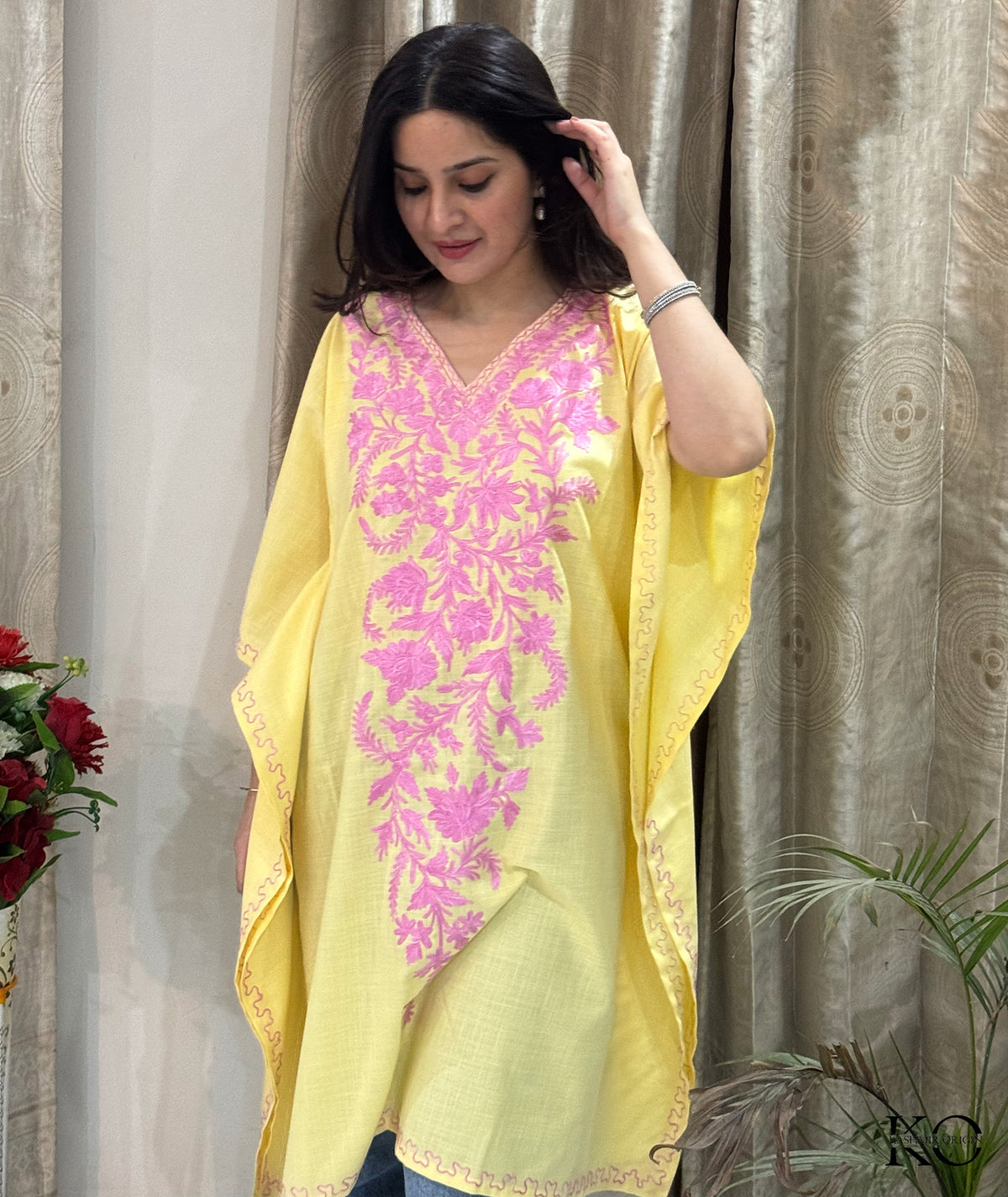 Yellow & Pink Floral Aari Embroidered Ruby Cotton Kaftan | Summer Kaftan | Best Quality Kaftans