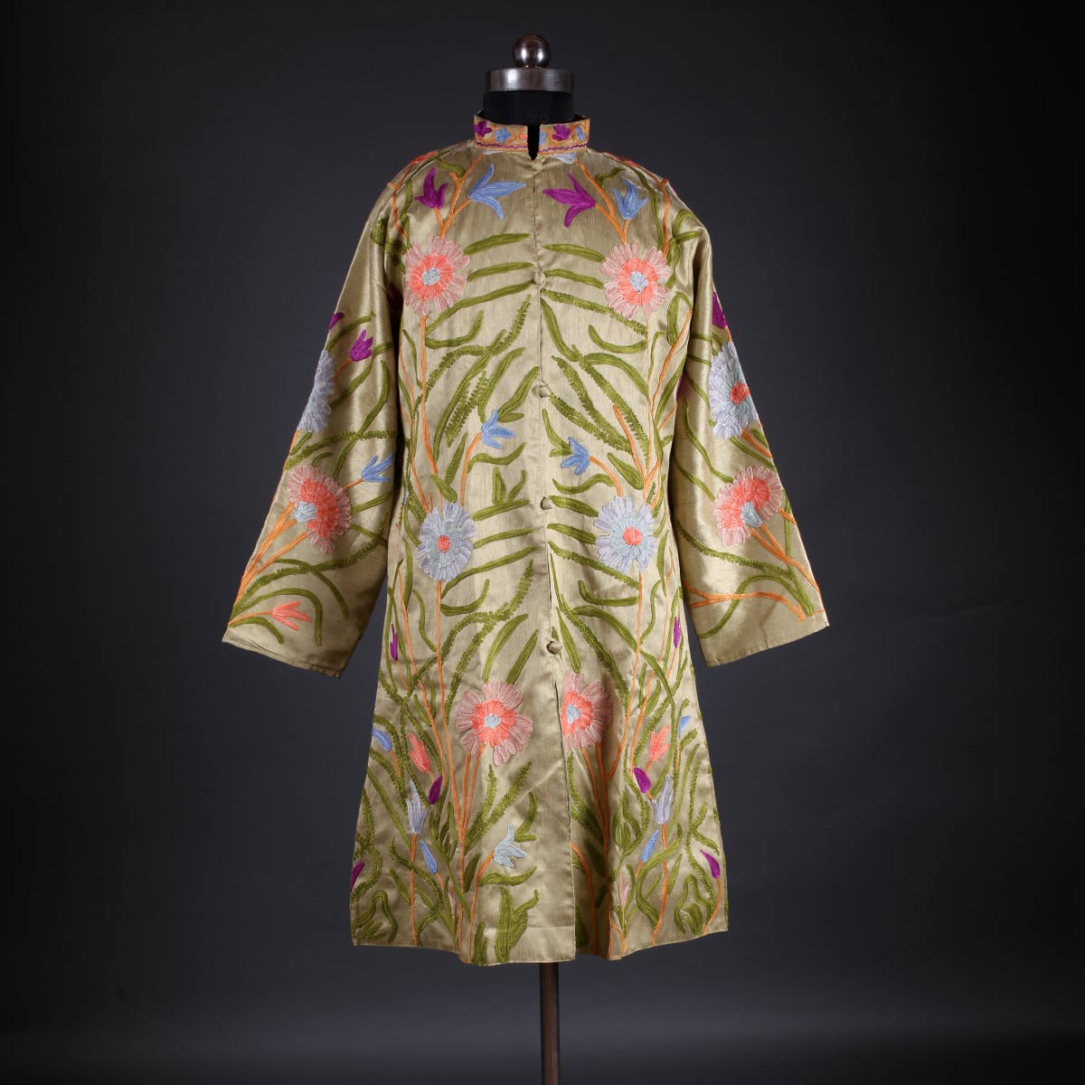 Golden Base Floral Design Aari Embriodery Kashmiri Silk Jacket