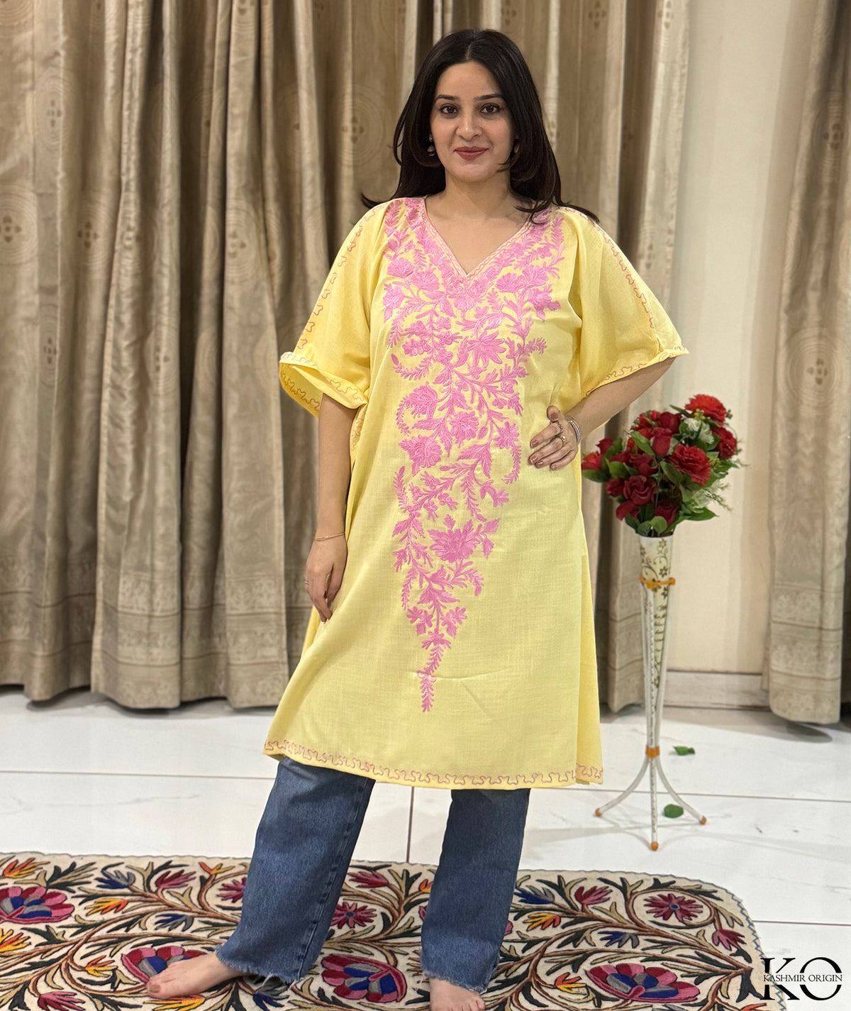 Yellow & Pink Floral Aari Embroidered Ruby Cotton Kaftan | Summer Kaftan | Best Quality Kaftans