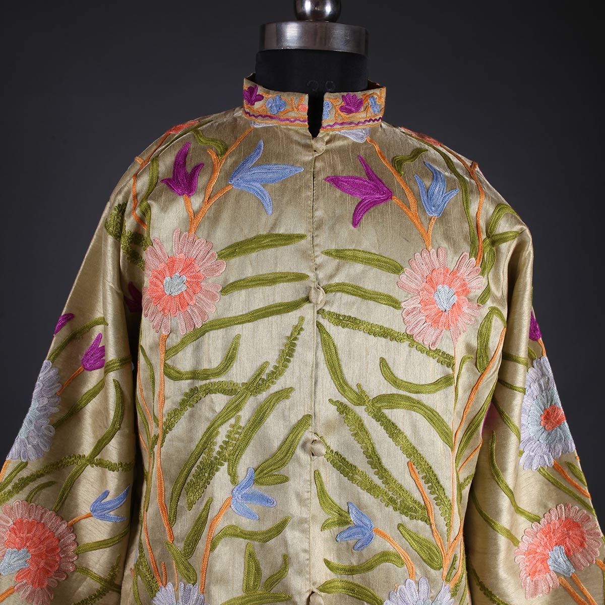 Golden Base Floral Design Aari Embriodery Kashmiri Silk Jacket