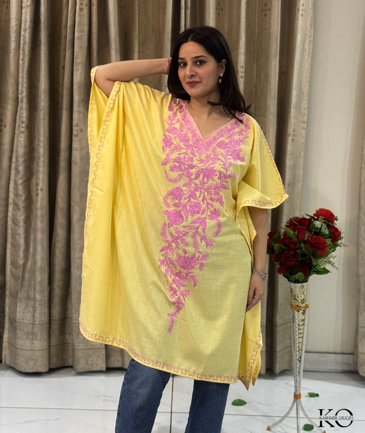 Yellow & Pink Floral Aari Embroidered Ruby Cotton Kaftan | Summer Kaftan | Best Quality Kaftans
