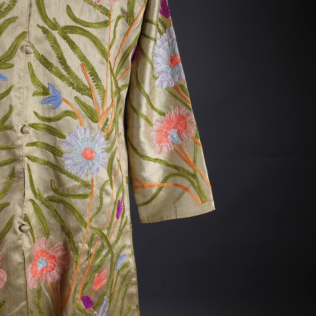 Golden Base Floral Design Aari Embriodery Kashmiri Silk Jacket