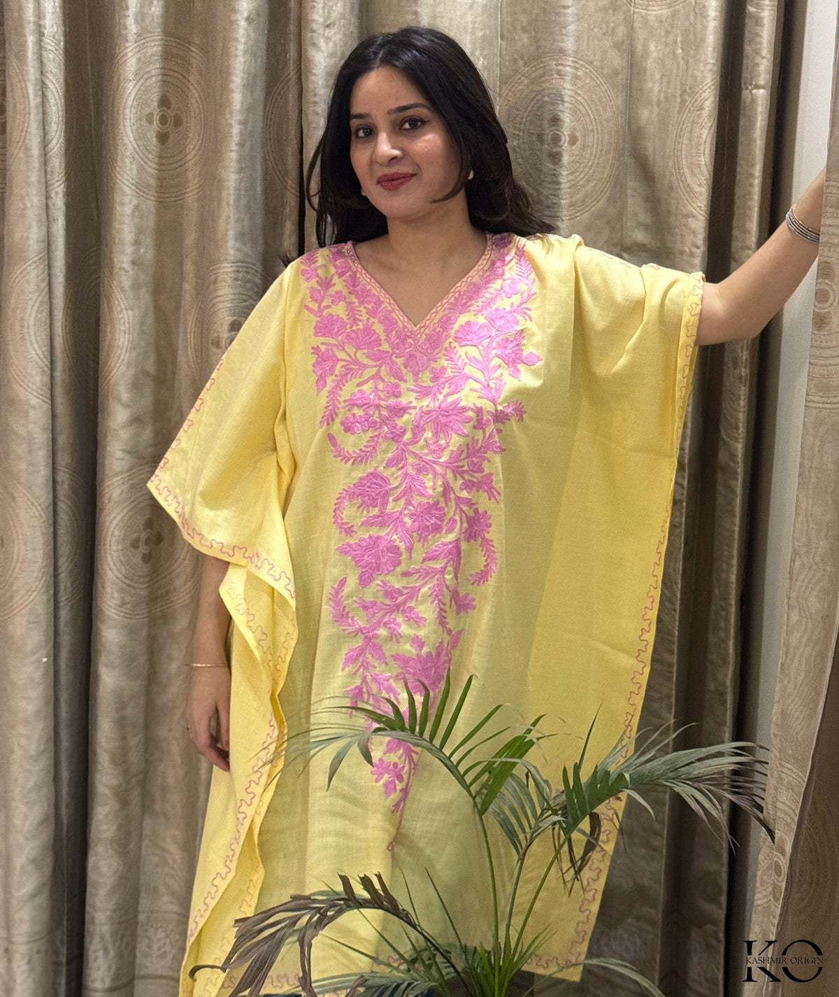 Yellow & Pink Floral Aari Embroidered Ruby Cotton Kaftan | Summer Kaftan | Best Quality Kaftans
