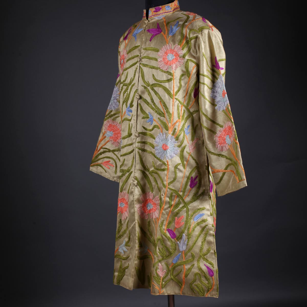 Golden Base Floral Design Aari Embriodery Kashmiri Silk Jacket