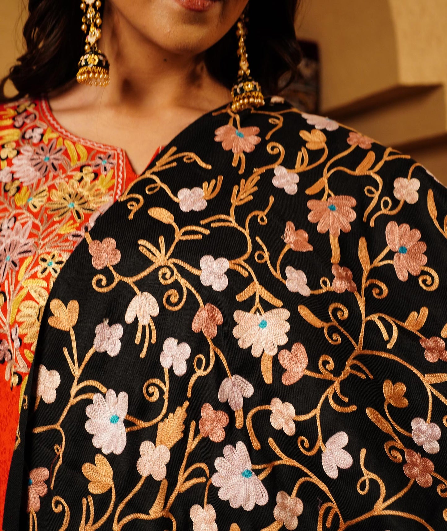 Black Aari Embroidered Woolen Shawl