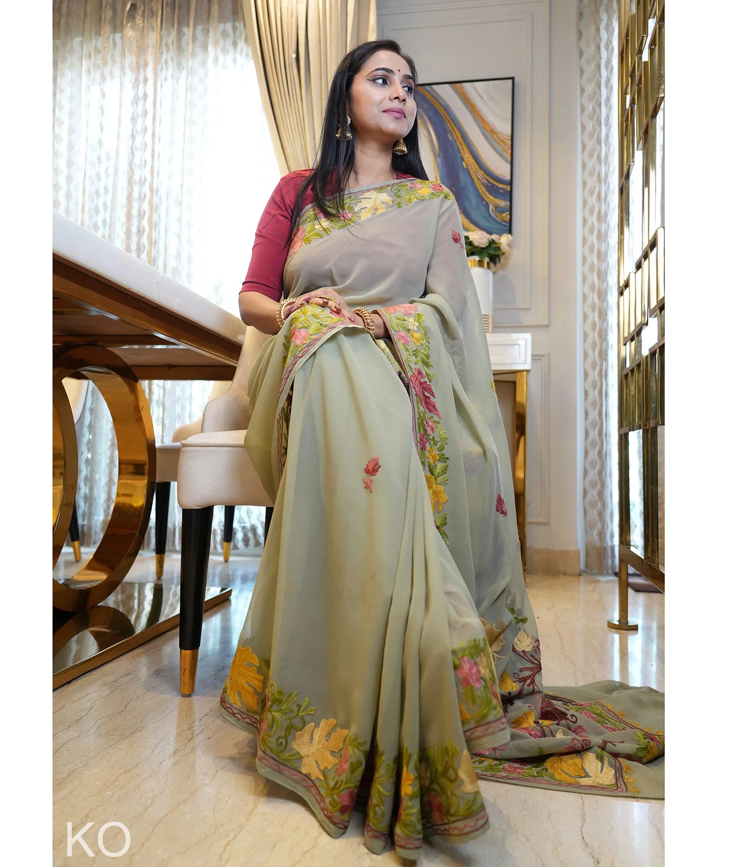 Chinar Aari Embroidered Light Grey Olive Georgette Saree