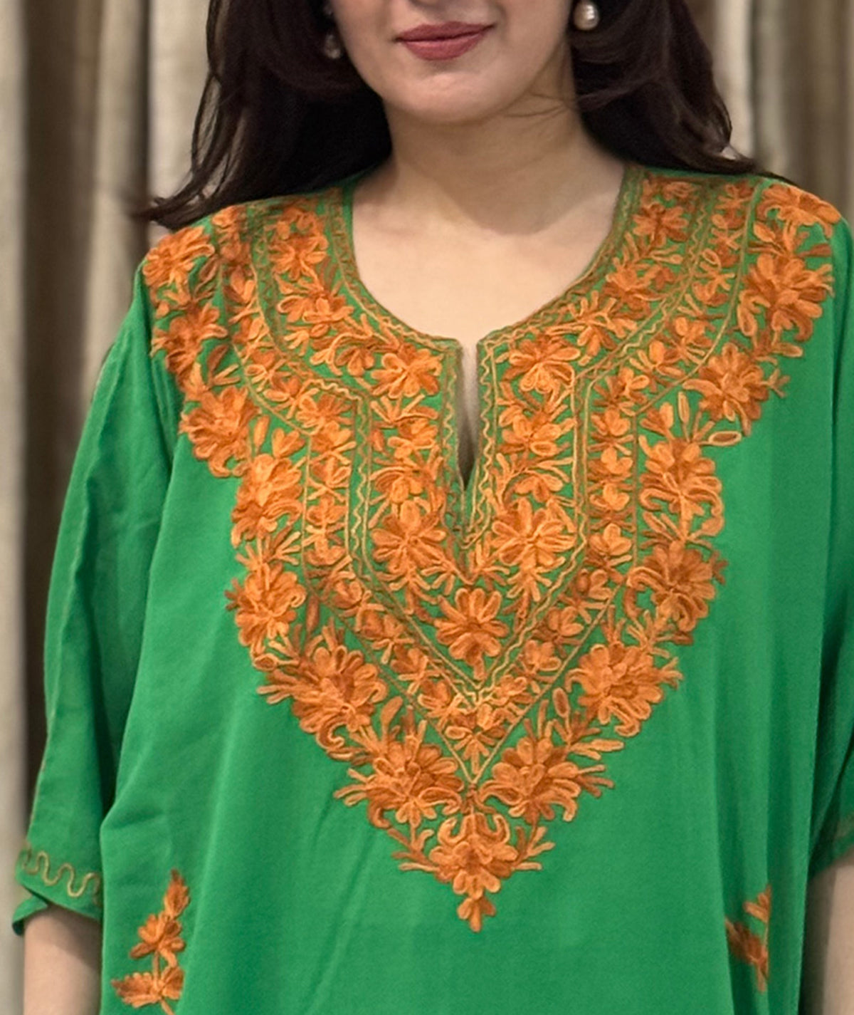 Green Base Aari Embroidered Kashmiri Crush Cotton Kaftan | Special Cotton fabric for Hot Summers