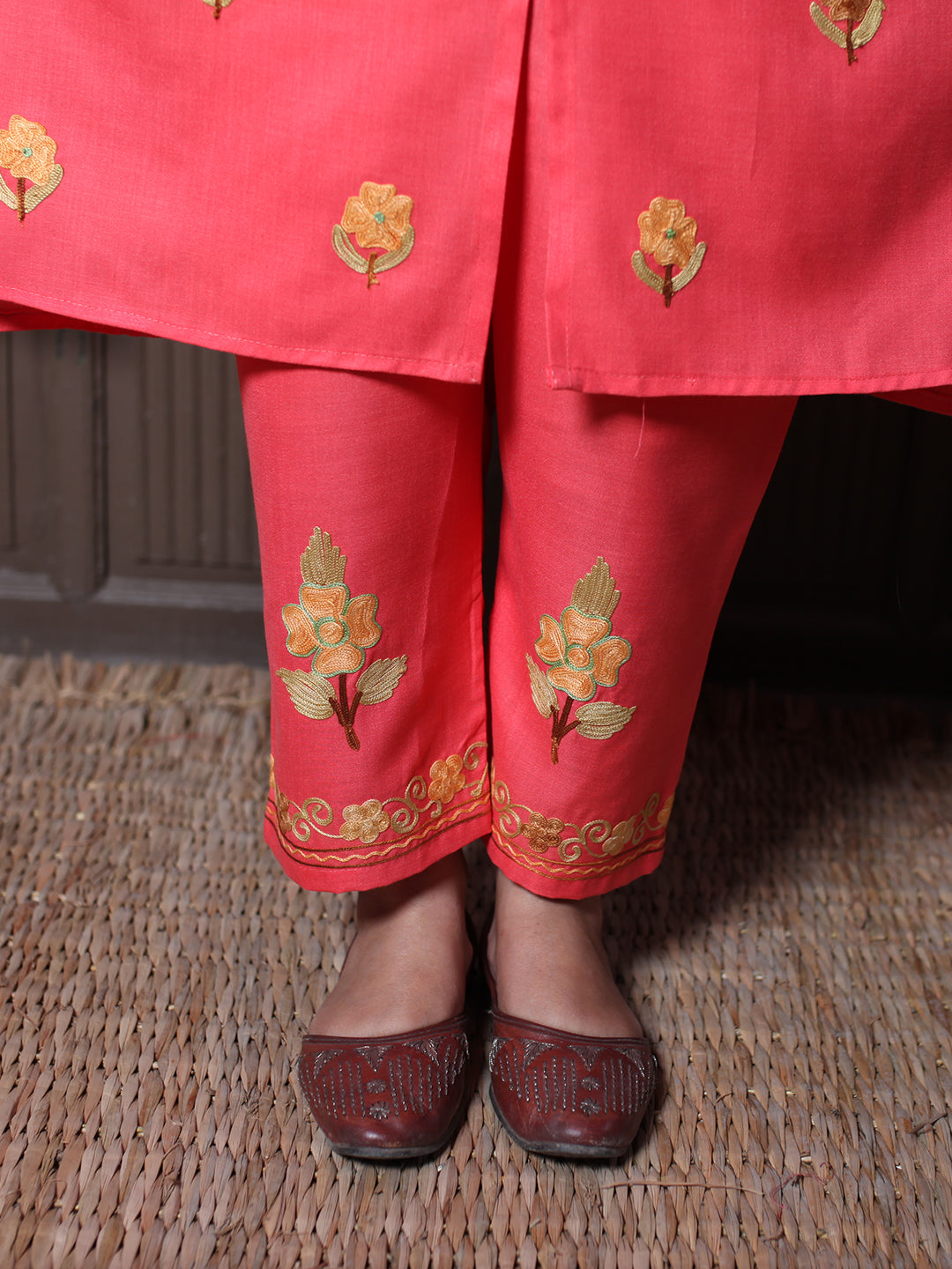 Coral Aari Mandarin Collar Embroidered Kashmiri Cotton Co-Ord Set