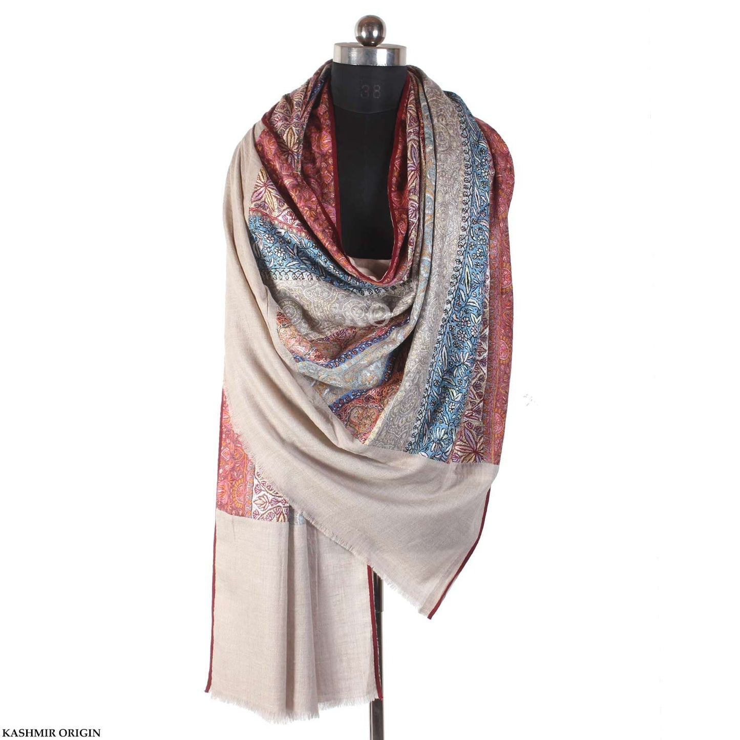 Beige Line Design Patch Work Sozni Embroidered Cashmere Pashmina Jamawar Shawl