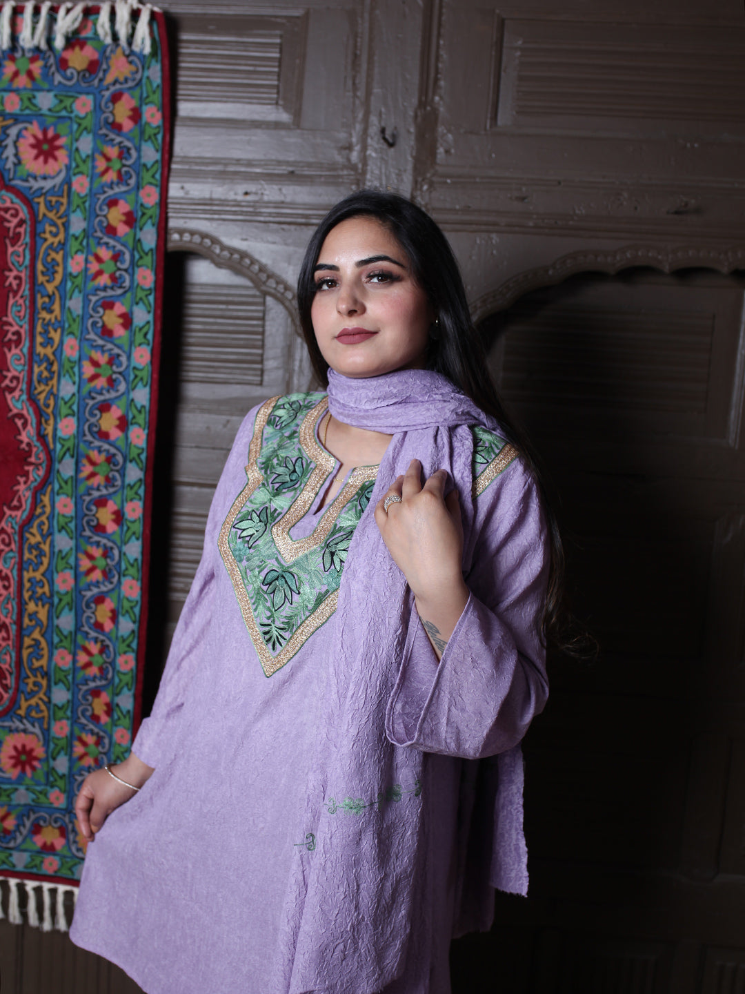 Lavender Zari & Aari Embroidered Kashmiri Crush Cotton Co-ordset With Dupatta