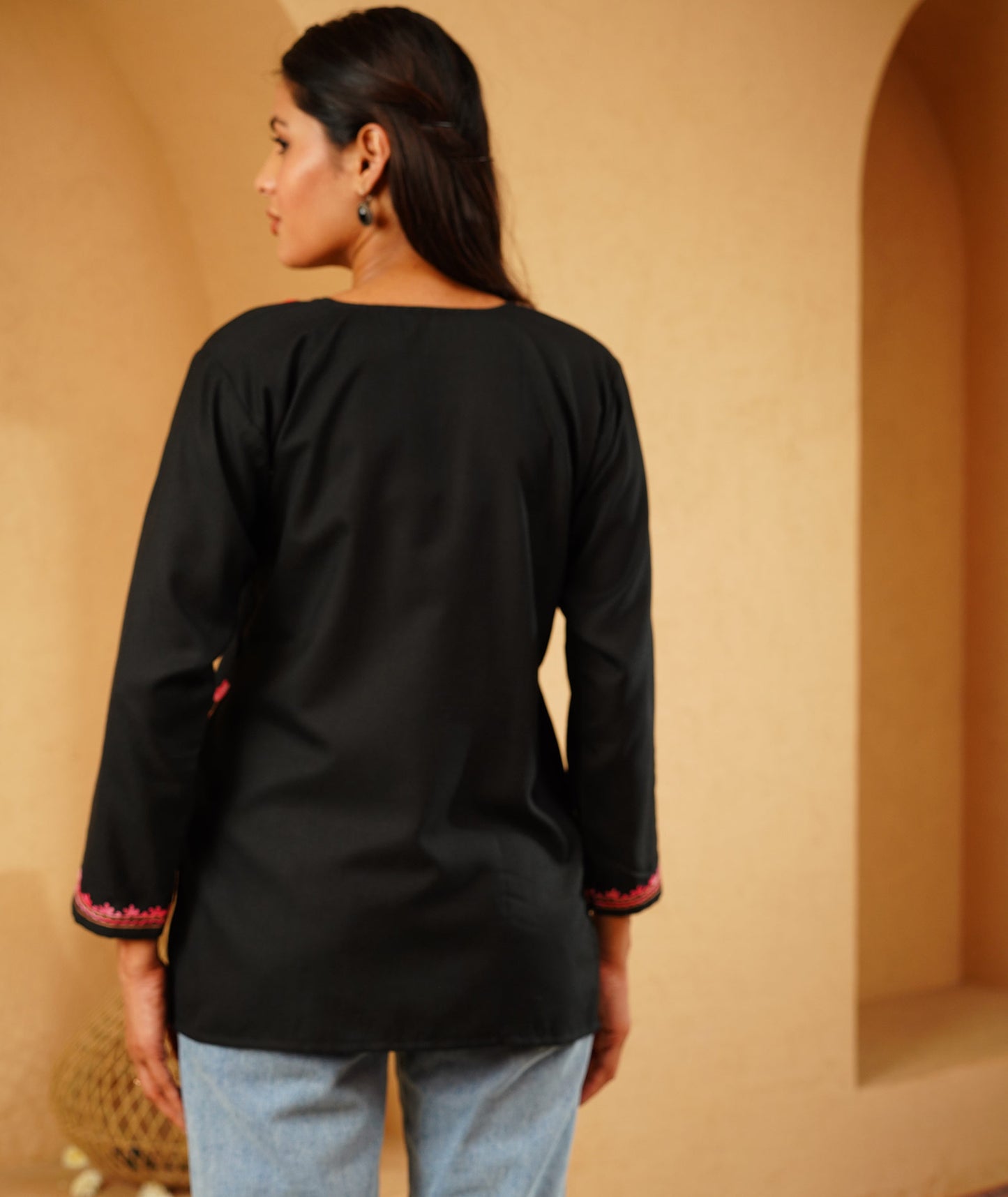 Cross Floral design Black Aari Embroidered Kashmiri Cotton short Kurti