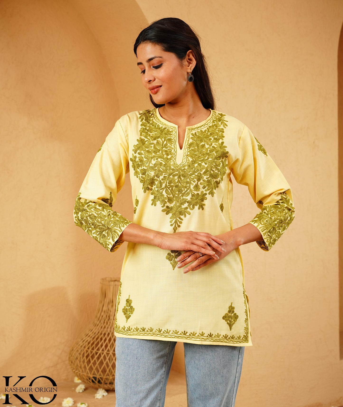Beige & Green Aari Embroidered Kashmiri Cotton Kurti