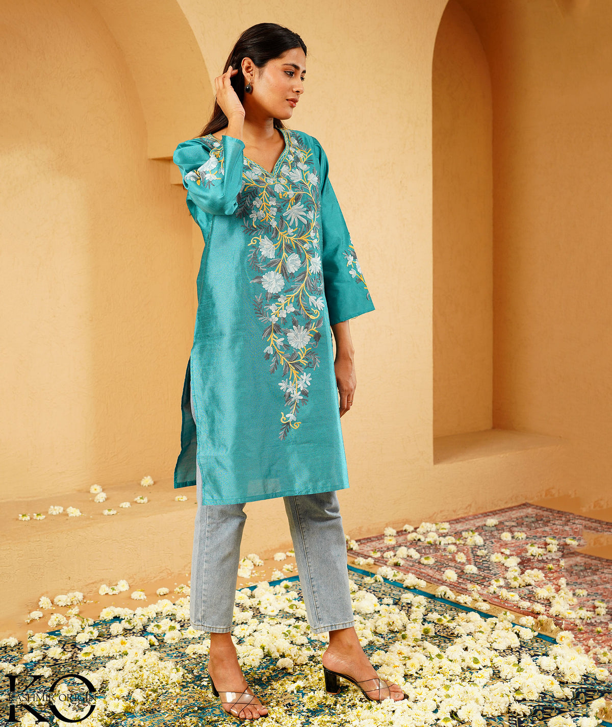 Turquoise Green Kashmiri Silk Kurti with Aari Embroidery | Casual & Festive Wear | Kashmir Origin