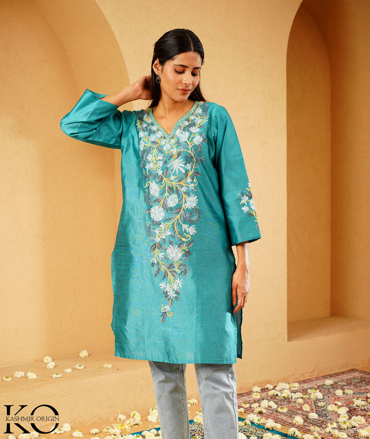Turquoise Green Kashmiri Silk Kurti with Aari Embroidery | Casual & Festive Wear | Kashmir Origin