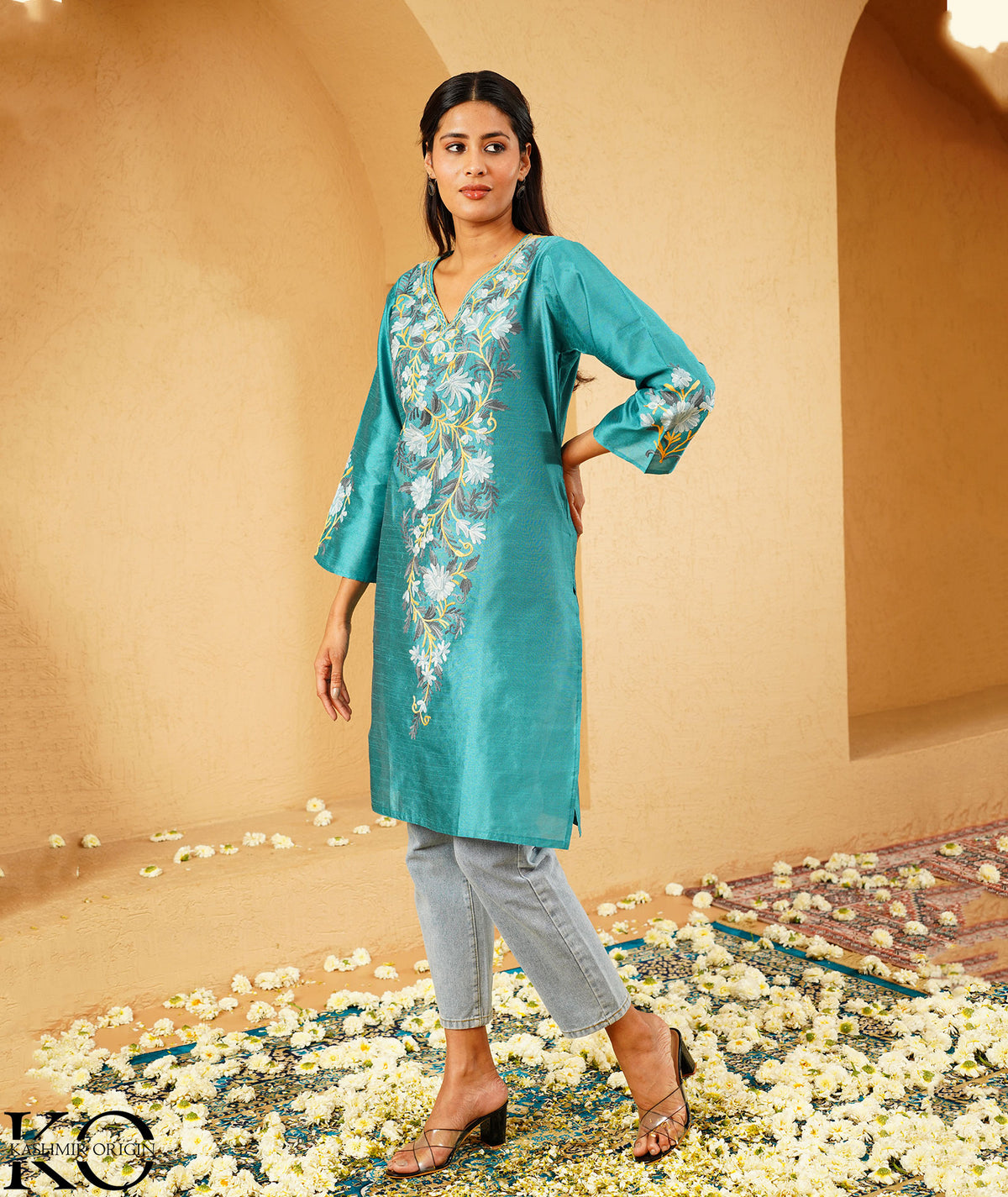 Turquoise Green Kashmiri Silk Kurti with Aari Embroidery | Casual & Festive Wear | Kashmir Origin