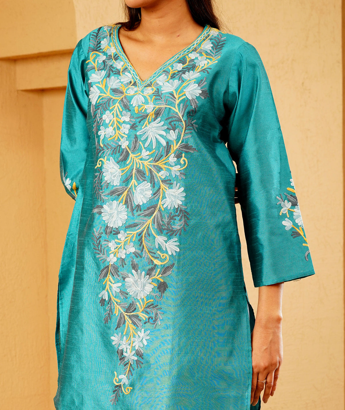 Turquoise Green Kashmiri Silk Kurti with Aari Embroidery | Casual & Festive Wear | Kashmir Origin