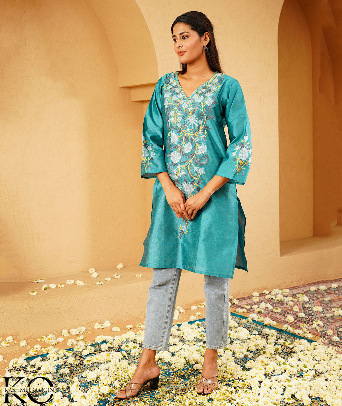 Turquoise Green Kashmiri Silk Kurti with Aari Embroidery | Casual & Festive Wear | Kashmir Origin