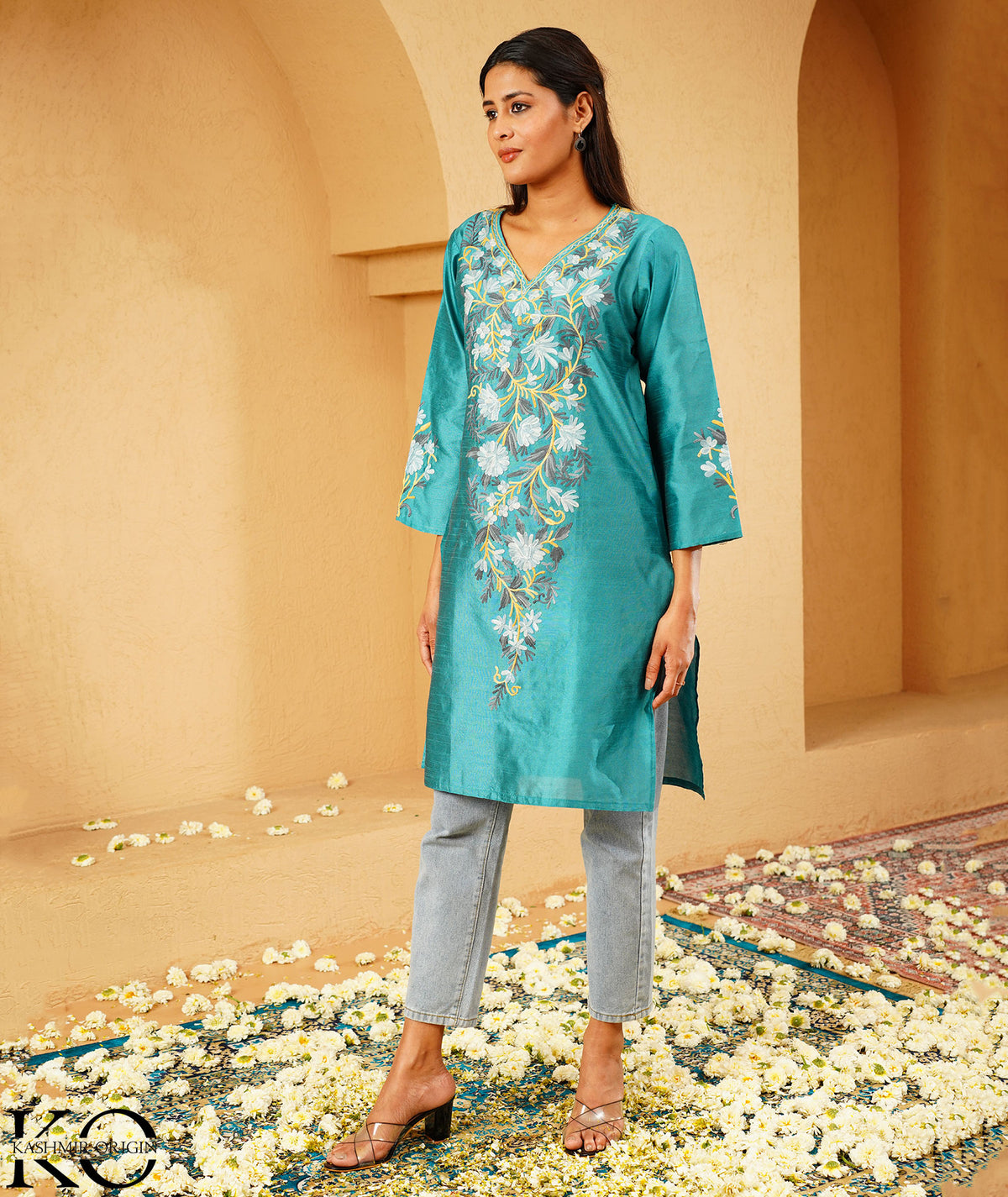 Turquoise Green Kashmiri Silk Kurti with Aari Embroidery | Casual & Festive Wear | Kashmir Origin