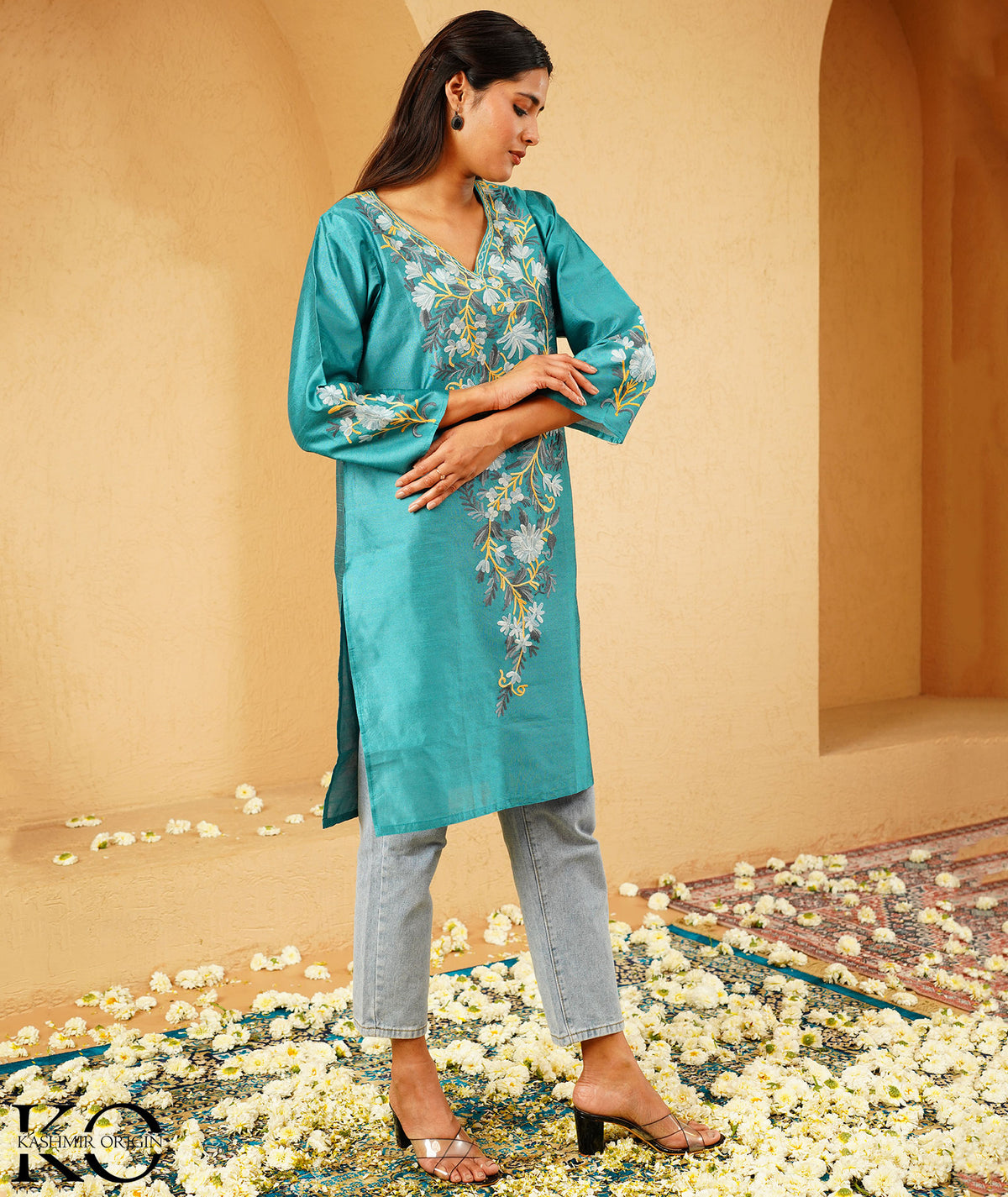 Turquoise Green Kashmiri Silk Kurti with Aari Embroidery | Casual & Festive Wear | Kashmir Origin