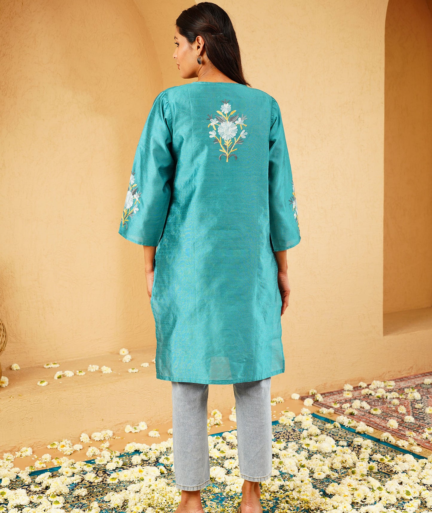 Turquoise Green Kashmiri Silk Kurti with Aari Embroidery | Casual & Festive Wear | Kashmir Origin