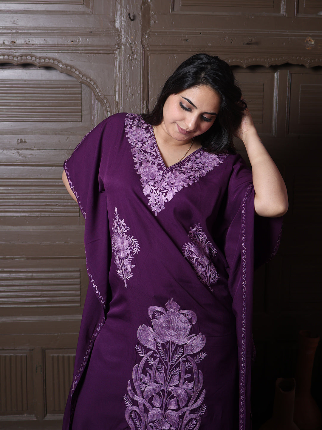 Wine Purple Aari Cotton Silk Long Kaftan